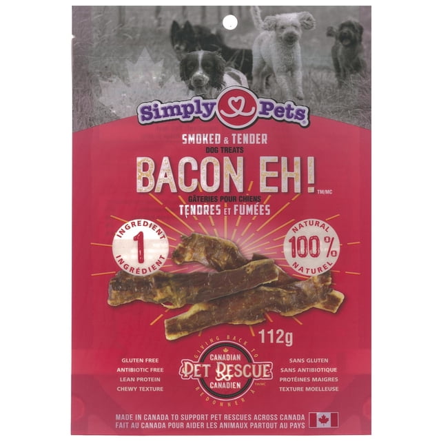 Simply Pets All Natural Smoked and Tender Bacon Eh! Dog Treats 2 PACK with 112g chewy, grain-free bacon strips naturally hickory smoked, antibiotic-free and high in lean protein, supporting Canadian pet rescues with every purchase.
