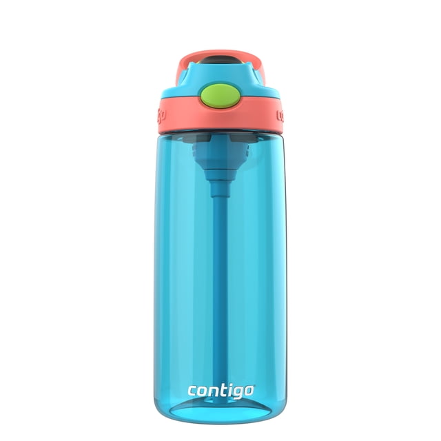 Contigo Kids Aubrey Leak-Proof Water Bottle, 20 oz (591 mL), Blue Raspberry, front view showing translucent blue bottle with coral pink lid, green button, and AUTOSPOUT silicone straw that flips up with one hand, spill-proof lid, and sturdy handle for easy carrying, designed for kids aged 3 and up.