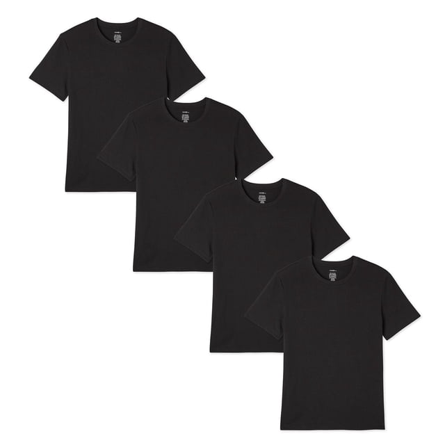George Men's Crew Neckline Tee 4-Pack includes four black short-sleeve 100% cotton t-shirts with classic crew necklines and straight hems, suitable for everyday wear or layering under shirts and jackets.