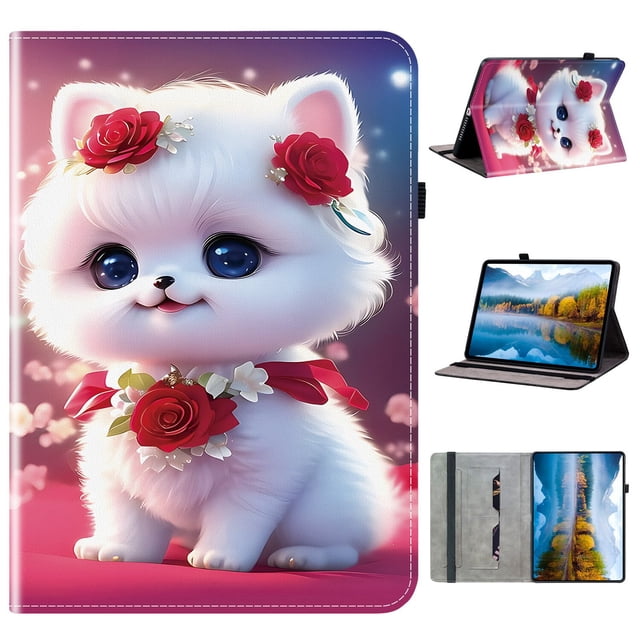 XYX Case for Samsung Galaxy Tab S10 Plus/S9 FE Plus/S9 Plus 12.4 inch, Colorful Pattern PU Leather Stand Cover, Rose Flower Cat