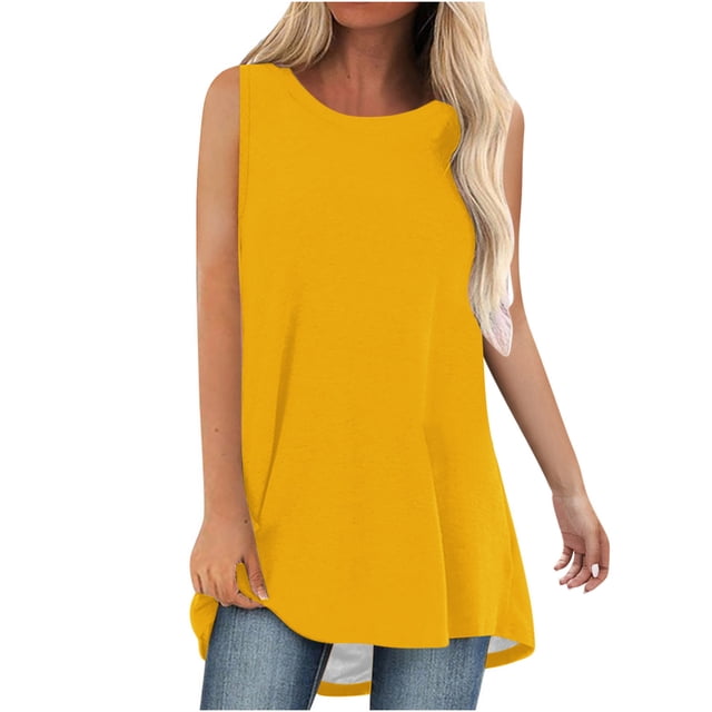 Timegard Débardeurs Longs pour Femmes Col Rond Sans Manches Couleur Unie Décontracté Ample Haut T-Shirts Basiques Blouse