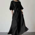 thumbnail image 2 of QIPOPIQ Robes pour Femmes avec Poches Manches Courtes Robes Décontractées Col Rond Robe d'Été Unie Manches Mi-Longues Robe Fendue avec Ceinture Offres 2023, 2 of 6