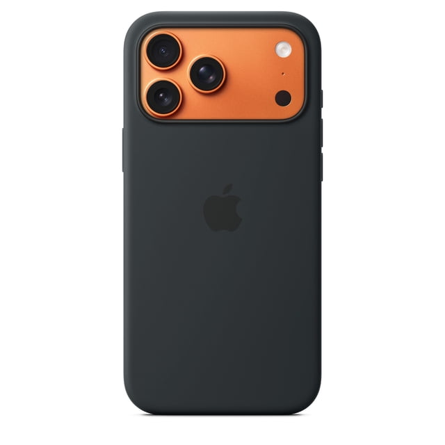 iPhone 17 Pro Max Silicone Case with MagSafe in black, with a soft-touch recycled silicone exterior and microfibre lining inside. It fits precisely around the orange triple-lens camera module with flash, supports MagSafe for secure attachment and faster wireless charging, and attaches to a crossbody strap for hands-free use.