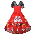 thumbnail image 4 of Pisexur Robe Mi-Mollet à Manches Courtes et Col Rond pour Femme, Imprimé Vintage, Dentelle, Manches Courtes, Col Rond, Robe de Soirée de Noël, Robe pour Femme en Liquidation, 4 of 7