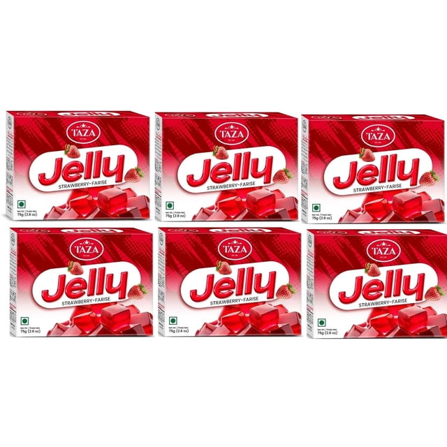 Taza Jelly Cristaux - Fraise 75 g (6 Pcs) Comprenant six Boîtes Rouges et Blanches de Cristaux Jelly à Saveur de Fraise. Chaque Boîte Affiche le logo de la Marque Taza, des cubes Jelly Rouges Vibrants et des illustrations de Fraises Fraîches sur l'Emballage. le Poids net de Chaque Boîte Est de 75 Grammes (2,6 oz).
