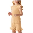 thumbnail image 2 of Toddler Girls Summer Short Sets Cotton Rib Knit Outfits Short Ruffle Cap Sleeve Tees T-Shirt Tank Tops + Skorts 2PC Sets Khaki 4-5 Years, 2 of 7
