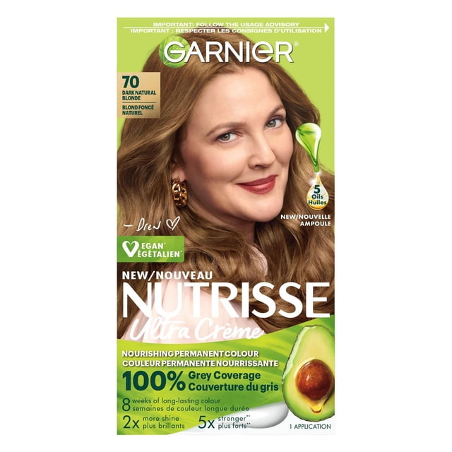 Garnier Nutrisse Teinture Capillaire Permanente Ultra Crème Teinte 70 Blond Naturel Foncé, Enrichie de Cinq Huiles de Fruits Nourrissantes, Dont l'Avocat, Offrant une Couverture des Cheveux Gris à 100 % et une Couleur Vive Longue Durée jusqu'à 8 Semaines, Montrée sur l'Emballage Vert avec image d'Avocat.