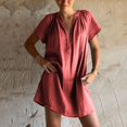 thumbnail image 2 of Amzcrzy Robes pour Femmes Grande Taille Robes P-5TG Tendance Couleur Unie Robes d'Été pour Femmes Col en V Manches Courtes Robe d'Été Décontractée Plissée Surdimensionnée Mini-Robe, 2 of 8
