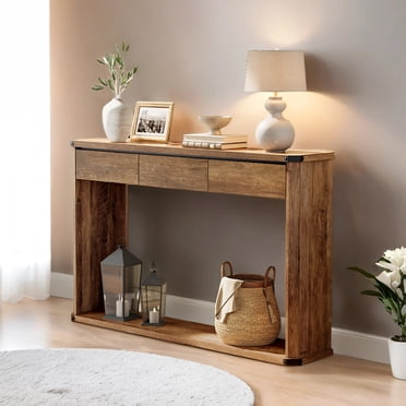 Table Console, Table de Sofa, Table d'Entrée Étroite avec 3 Tiroirs, Tablette Inférieure, Style Ferme, Brun