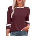 thumbnail image 2 of Olyvenn Chemises pour Femmes à Manches 3/4 Été à Blocs de Couleur Plissées Hauts Décontractés Amples Décontractés Col Ras du Cou Tenues Mode Vêtements Bourgogne P, 2 of 5
