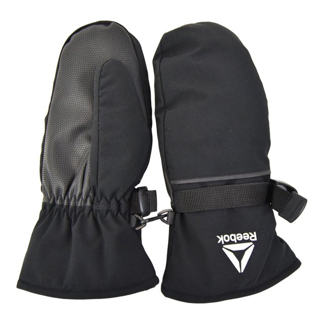 Boys Reebok insulated shell mittens. Small/Medium. Shell in 89% polyester & 11% spandex. Filling,lining and strap in 100% polyester. Palm in 100% polyurethane. Adjustable webbing glove clasp. Reflecti
