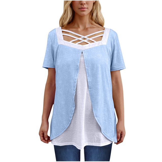 Timegard Hauts d'Été pour Femmes Grande Taille Col Carré en V Croisé Manches Courtes Décontracté Confortable Blouse