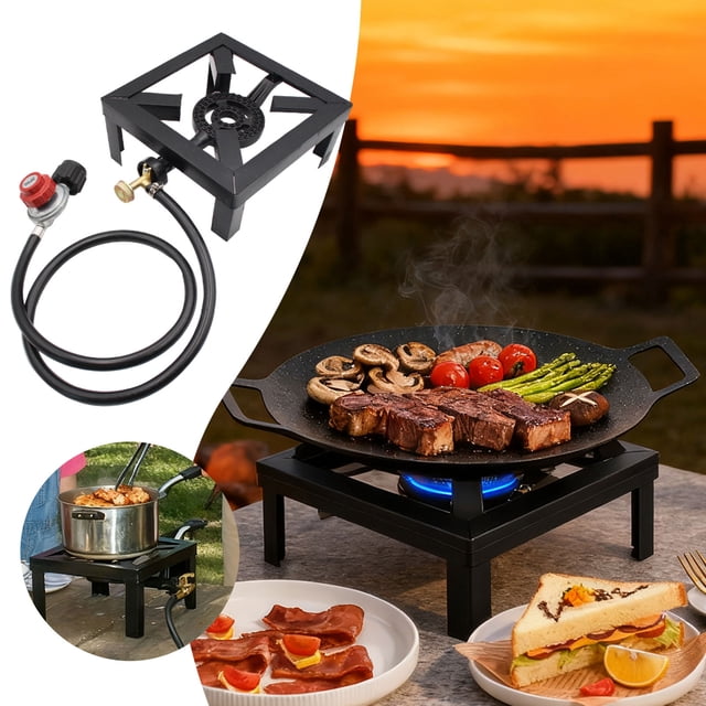 High Power Outdoor Propane Stove with Stand for Camping and Hiking, featuring a durable metal construction and a foldable stand with adjustable height. The stove is shown in use, cooking a variety of foods such as steak, mushrooms, and vegetables on a flat grill pan. Includes a propane hose and regulator for easy connection. Ideal for outdoor camping, backyard picnics, and hiking adventures. The background showcases a scenic outdoor setting with a sunset view.
