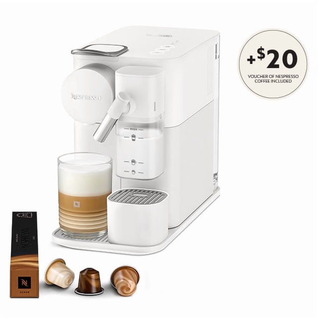 Nespresso Gran Lattissima Espresso Machine by DeLonghi in white, front 3/4 view featuring a compact design with a detachable milk jug, glass touch panel, and drip tray. Includes a glass of layered latte with foam, three Nespresso capsules, and a capsule box, showcasing the one-touch system for espresso and milk recipes with recyclable capsules.