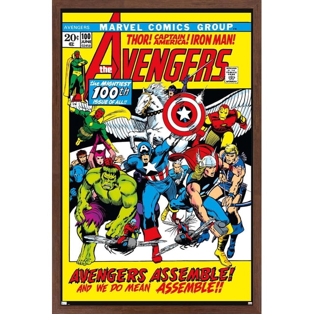 Marvel Comics - Avengers #100 Wall Poster, 22.375" x 34" featuring classic comic book cover art with Avengers superheroes including Thor, Captain America with shield, Iron Man, Hulk, and Hawkeye in dynamic action poses, framed in wood, suitable as wall art or collectible poster.