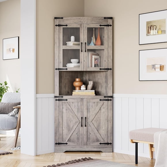 OUYAWEI Senfot Tall Corner Storage Cabinet, Bathroom Floor Storage Cabinet with Doors and Adjustable Shelves, Freestanding Tall Cabinet Organizer for Bathroom, Kitchen,Washed ash