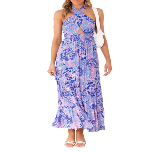 Femmes Été Crossover Licol Cou Sans Manches Plaid Découpé Dos Nu Flowy une Ligne Maxi Robe Rose XL
