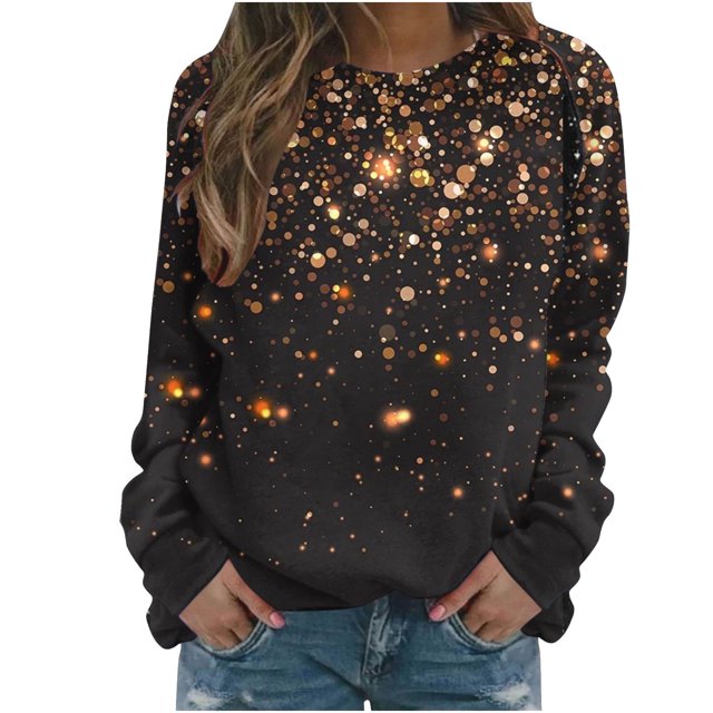 AherBiu Chandails à Col Rond pour Femmes Manches Longues Imprimé Brillant Printemps Décontracté Ample Chandail Pailleté Hauts