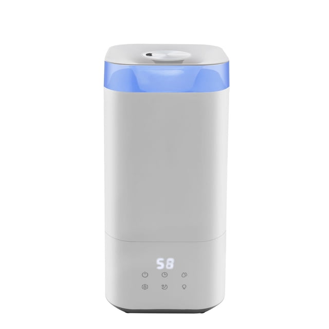 Ecohouzng 5L Ultrasonic Top-Fill Humidifier with a white rectangular body and translucent blue water tank, featuring a digital display showing humidity level 58 and touch controls for power, timer, mist, sleep mode, and aroma diffuser, suitable for enhancing indoor air quality and relieving dryness in home or office.