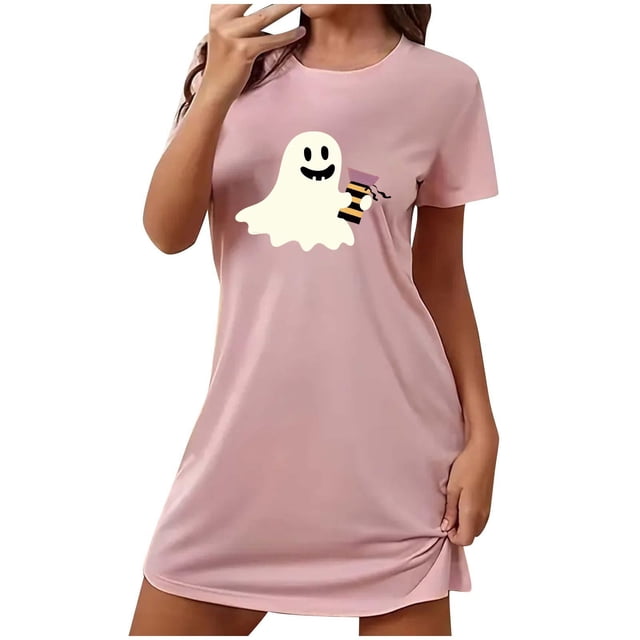 Sakmal Robes Moomoo Roses pour Femmes Grande Taille Confortables d'Halloween Robe Mumu Nuageuse Courte Col Rond Imprimé Fantôme Manches Courtes Chemises de Nuit P-2TG