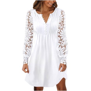QUYUON Robes Longues Grande Taille pour Femmes Liquidation Décontracté Col en V Manches Longues Taille Haute Boutons Couleur Unie Robe Ample Femmes Robes de Soirée Midi Robe Ligne A Style D-13142 Blanc m