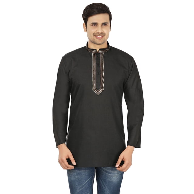 Chemise de Mode Indienne pour Homme, Kurta Courte Brodée en Coton (Noir, TG)