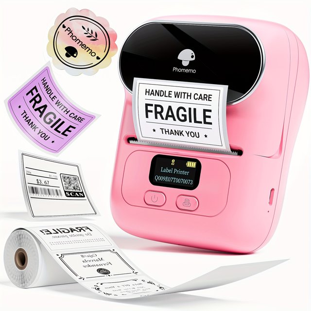 Phomemo M110 Label Maker - Thermal Label Printer in a pink design, featuring a compact and portable build. The printer is shown printing various label designs, including 'Handle with Care' and QR code labels. It uses thermal printing technology, eliminating the need for ink. The device includes a rechargeable lithium-polymer battery and supports wireless connectivity via Bluetooth. Suitable for printing labels for retail, clothing, addresses, and more, with label widths ranging from 0.8 to 2 inches. Includes a roll of thermal labels inside the device.