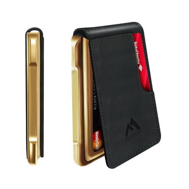 MURADIN Mens Wallet Tactical Bifold Wallets for Men Metal RFID Blocking Aluminum Money Cards Holder Gifts for Men (black leather with gold frame)