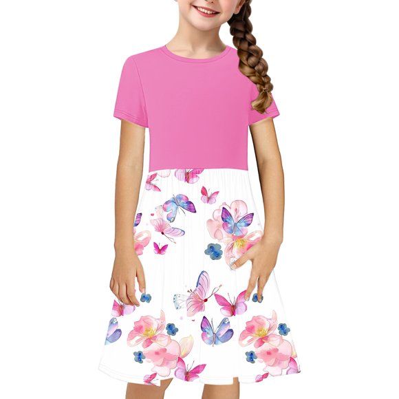 LOVZFMLL Toddler Kids Cute Splicing Print Short Sleeve Stretchy Dress A Line Dress