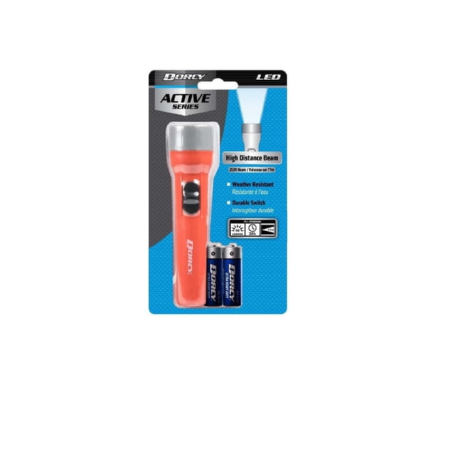 Dorcy Active Series LED flashlight in bright orange with a black side slide switch, packaged with two AA batteries on a blue and black blister card featuring 50 lumens brightness, 77-meter beam distance, weather resistance, and durable switch, ideal for emergency and outdoor use.