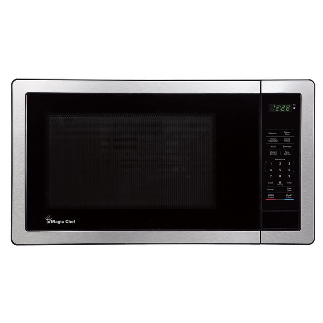 Magic Chef Four à Micro-Ondes de Comptoir 1,1 Pi3 avec Puissance de 1000 W et Fini en Acier Inoxydable, Vue avant Montrant une Porte en Verre Noir avec logo Magic Chef, Affichage Numérique à DEL et Panneau de Commande Tactile avec Pavé Numérique, six Préréglages de Cuisson à une Touche, Cuisson Rapide, Décongélation du Poids et du Temps, Verrou de Sécurité pour Enfants et Boutons Marche/arrêt, Convient à la Préparation de Repas Rapide.