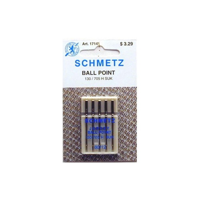 SCH1714 BALLPT 80/12 Schmetz Aiguilles à Bille pour machine à Coudre Taille 80/12, Lot de 5 dans un Étui en Plastique Transparent sur Carte de Dos à Motifs, Conçues pour les Tissus Tricotés et jersey avec une Pointe Arrondie pour Prévenir les Dommages aux Fibres, Idéales pour la Couture de Matériaux Extensibles.