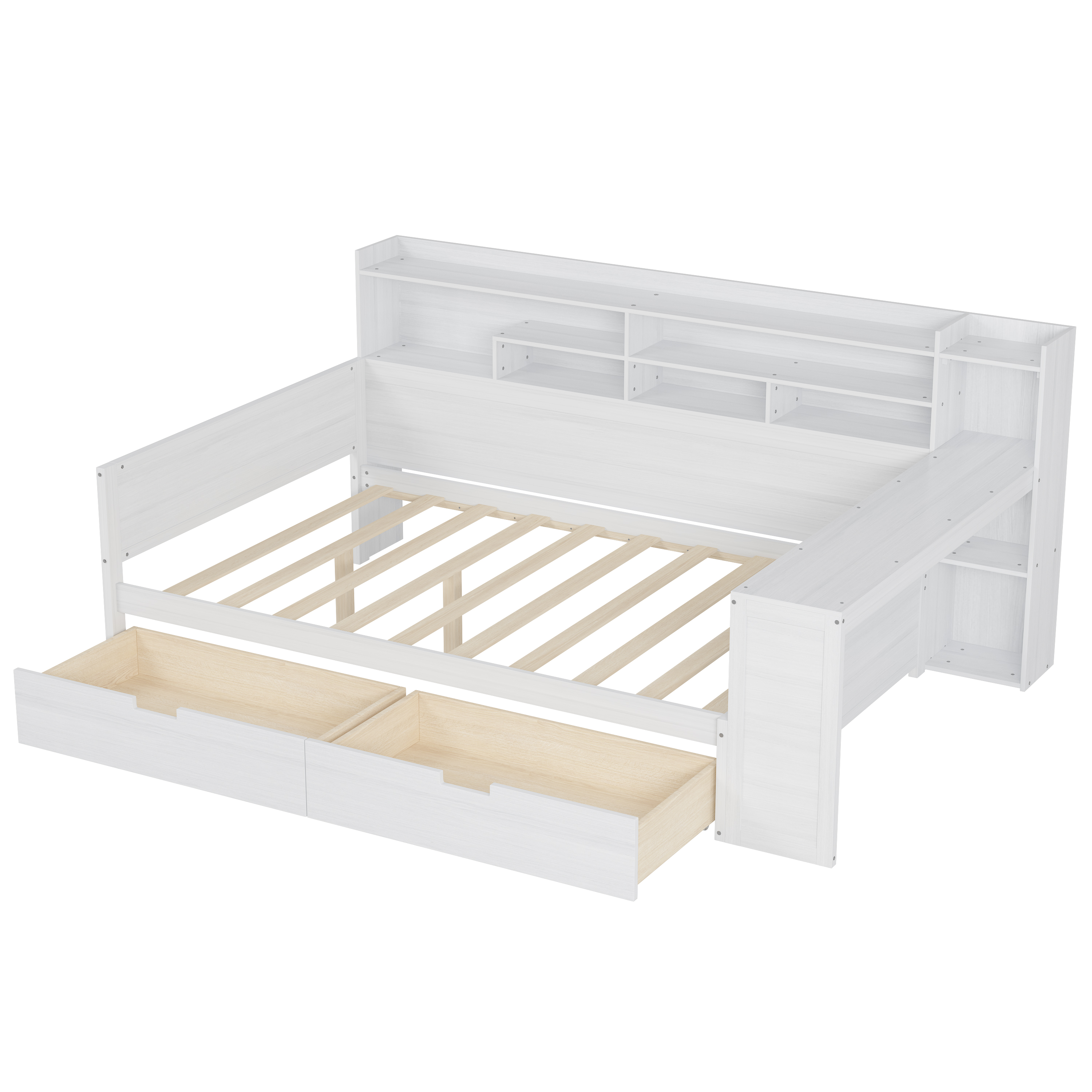 Homy Casa lit double 91,3 po avec tête de lit rangement, tiroirs et bureau latéral pour chambre d’enfant, blanc