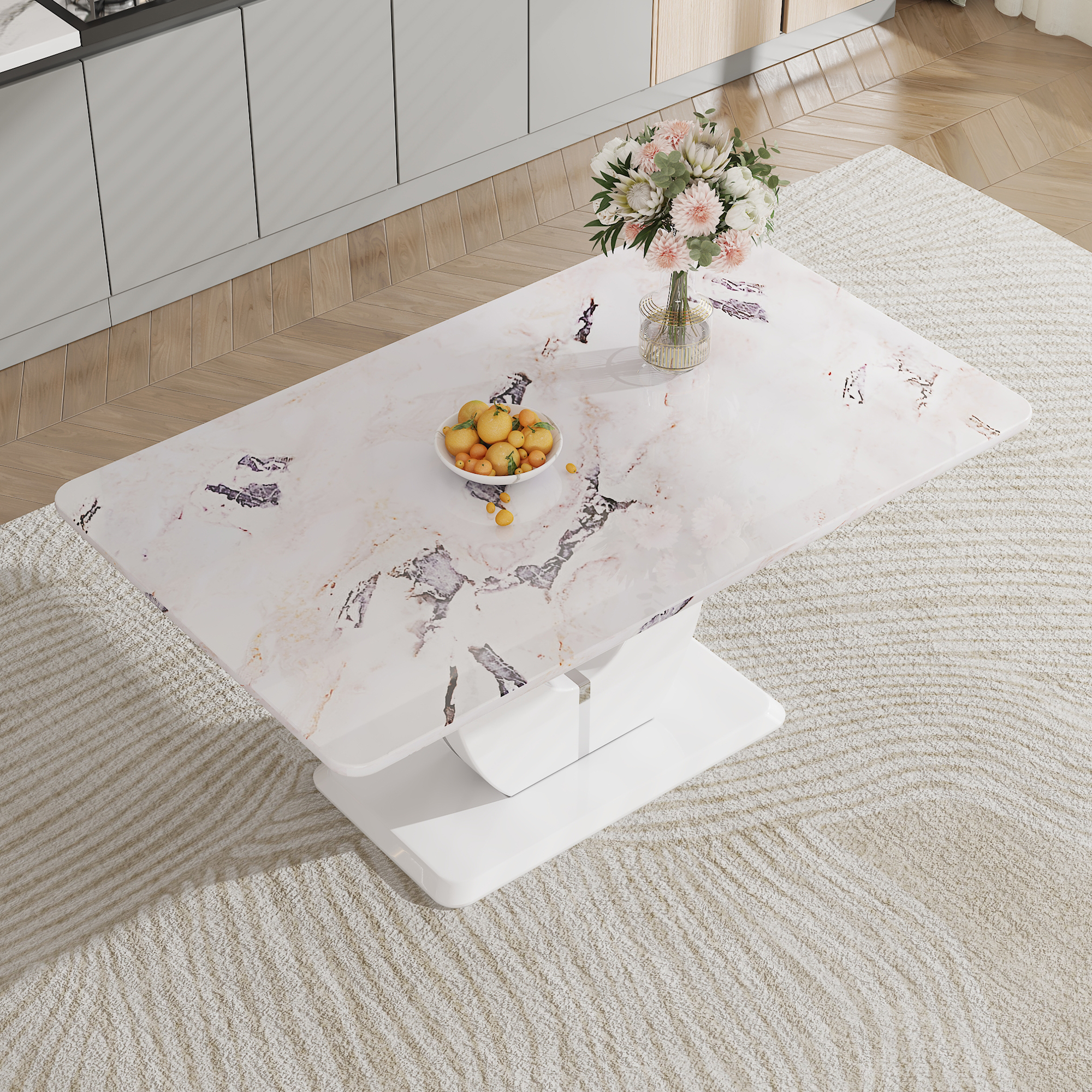 Noble House Table de salle à manger moderne en MDF 160 cm, plateau texturé marbre gris, blanc
