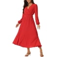 thumbnail image 4 of INSPIRE CHIC Robe Plissée pour Femme Manches Longues Bouffantes Col en V Robe avec Ceinture à la Taille m Rouge, 4 of 7