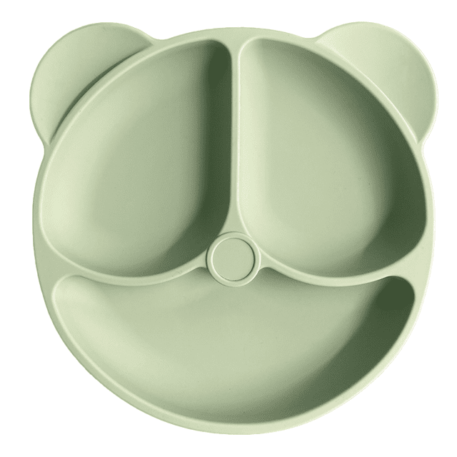 Suction Plates for Baby Silicone Plates Divided, Silicone Baby Plates for Toddler. A green silicone plate with three divided sections and a cute animal-shaped design, featuring strong suction to securely attach to flat surfaces. Designed for toddlers and children, it fits most highchair trays and is easy to clean with warm soapy water.