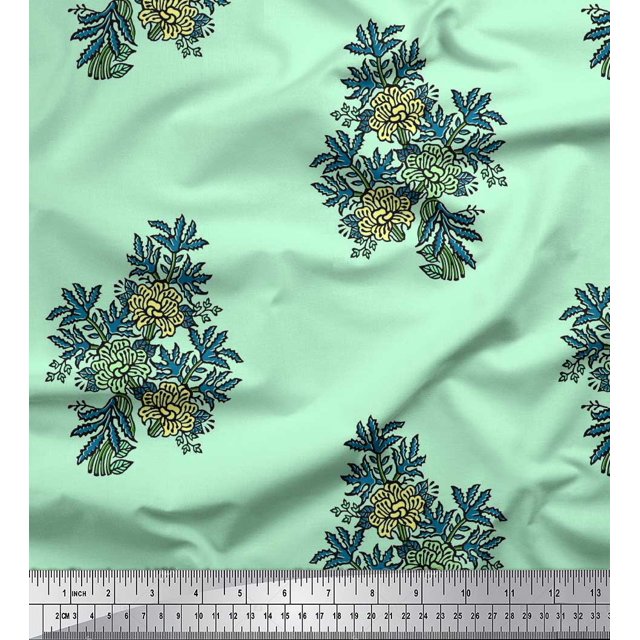 Soimoi Rayon Crepe Fabric Leaves & Floral Block Decor Fabric Printed Yard 46 Inch Wide
