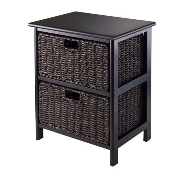 20216 Omaha Storage rack with baskets featuring a black finished solid and composite wood frame with two foldable chocolate corn husk baskets, measuring 16.7 inches wide by 12.25 inches deep by 20.3 inches high, suitable for home storage and organization and often used for storing craft supplies or linens.