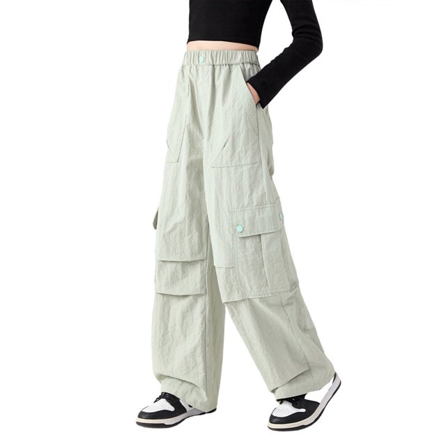 Girls' Vintage Cargo Pants with Pockets - Polyester, Solid Color, Streetwear Style, 4-14 Years, Relaxed Fit
