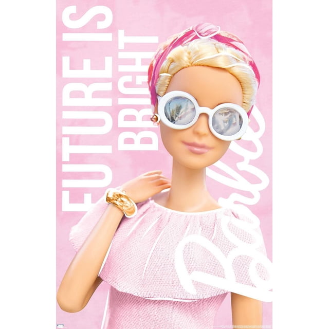 Mattel Barbie - Future is Bright Wall Poster, 22.375" x 34" featuring Barbie wearing a textured pink dress with a wide ruffled collar, a pink headscarf, pearl earrings, and a gold bracelet, set against a pink background with white text 'FUTURE IS BRIGHT' and 'Barbie'.