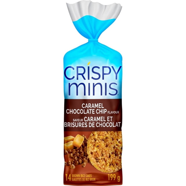 Quaker Crispy Minis Caramel Chocolate Chip Flavour Large Brown Rice Cakes package in blue and brown, showing caramel pieces, chocolate chips, and a close-up of a round brown rice cake. Gluten-free, 199g, 14 cakes, low-calorie snack option suitable for versatile toppings.