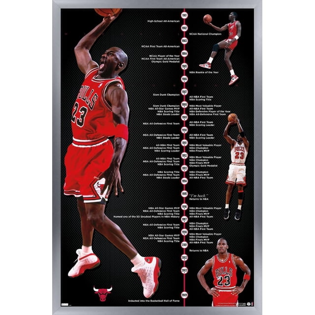 Michael Jordan - Timeline Wall Poster, 22.375" x 34" Framed featuring a vertical timeline of Michael Jordan's basketball career from 1981 to 2009. The poster displays multiple images of Jordan in Chicago Bulls red and white uniforms performing basketball moves like dunking and shooting. Key achievements such as NBA MVP awards, scoring titles, NBA Championships, Olympic Gold Medals, and Hall of Fame induction are listed along the timeline on a black textured background with the Chicago Bulls logo at the bottom.