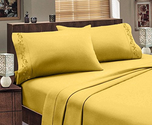 Italian Design 1800 Series Egyptian Comfort Super Soft Embroidery 4 Piece Sheet Set (Queen, Gold)