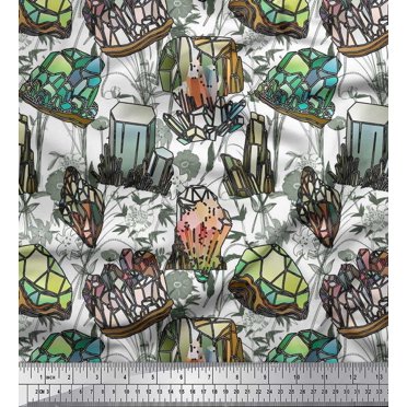 Soimoi Polyester Crepe Fabric Leaves,Floral & Crystals Ocean Decor Fabric Printed Yard 52 Inch Wide