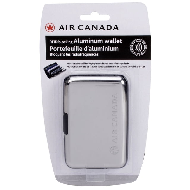 Air Canada RFID blocking aluminum wallet with silver finish and embossed logo, compact with seven expandable card slots, designed to protect credit cards, IDs, and business cards from electronic theft, ideal for travel and small handbags, shown in retail packaging with bilingual text.