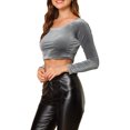 thumbnail image 4 of INSPIRE CHIC Women's Velvet Long Sleeve Off Shoulder Solid Crop Tops XS Grey, 4 of 8