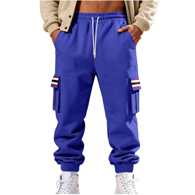 Lovzfmll Men's Retro Striped Fleece Joggers, Solid Color Base, Heavy Pile, Drawstring Waist, Pockets for Warmth Blue, L
