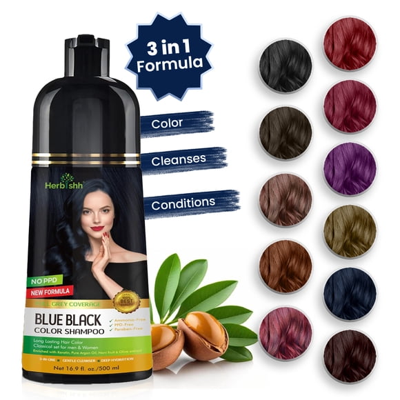 Herbishh Blue Black Hair Color Shampoo for Gray Hair, Hair Dye Shampoo 3 in 1, 100% Gray Coverage, Permanent Hair Color for Men & Women, Ammonia-Free, 500 ml