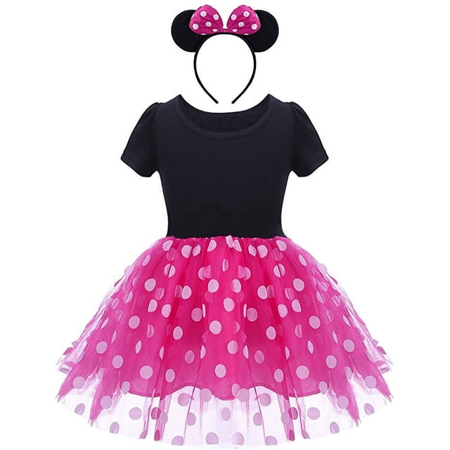 Minnie Déguisement Robe Bébé Fille Serre-Tête Oreilles de Mouse Robe à Pois Présentant un Corsage Noir avec des Manches Bouffantes Courtes et une Jupe tutu Rose à Pois Vibrante. la Robe Comprend un Serre-Tête Assorti avec des Oreilles de Mouse Noires et un Nœud Rose à Pois. Conçue pour les Tout-Petites et les Jeunes Filles, Cet Ensemble 2 Pcs Est Idéal pour l'Halloween, les Fêtes d'Anniversaire Ou les Événements à Thème. Fait de Doux Coton et polyester pour le Confort et la Respirabilité.