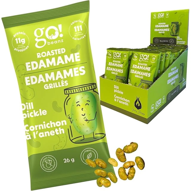 Edamames Rôtis Croustillants, Savoureux Cornichon à l'Aneth Collation Santé Riche en Protéines, pour Adultes et Enfants, 20 Sachets à Portion Individuelle, Faible en Calories, Faible en Sucre à Base de Plantes, Collations Salées